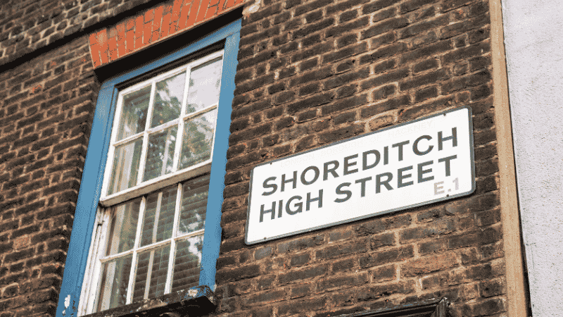 A street sign for Shoreditch High Street, the neighbourhood ranked as best for Gen Z buyers in the UK.